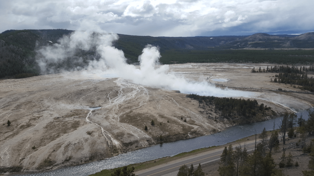 view of grand prismatic and excelsior from midway bluff