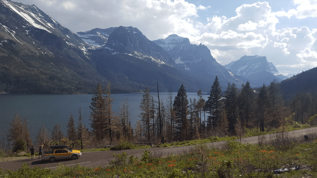 Driving past st marys lake in glacier national park