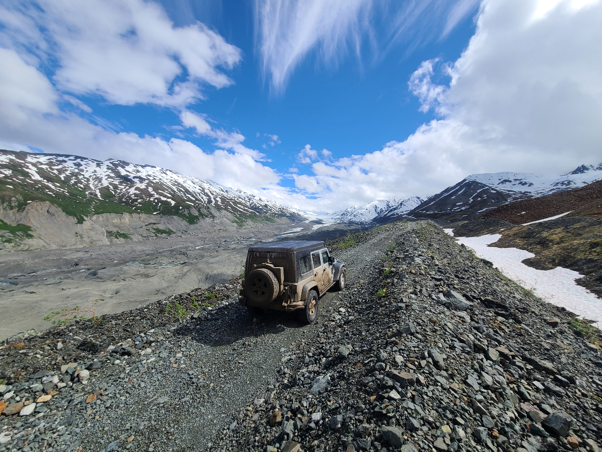 Jeep crossing the gravel moraine