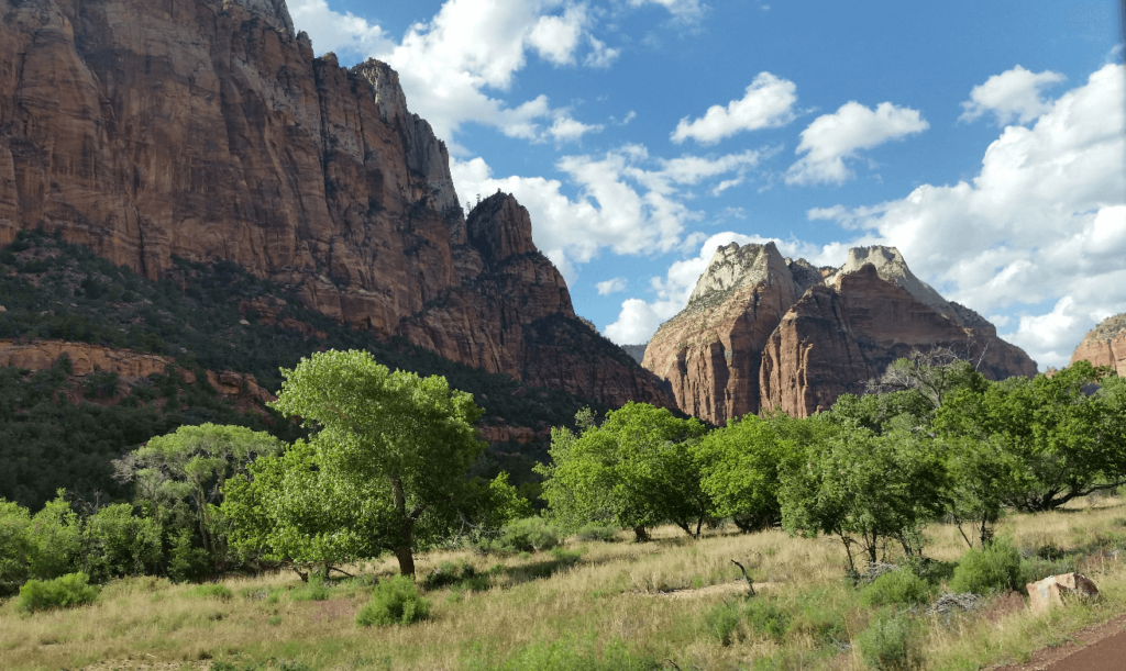 gigantic red rock cliffs with green trees and grass at the bottom