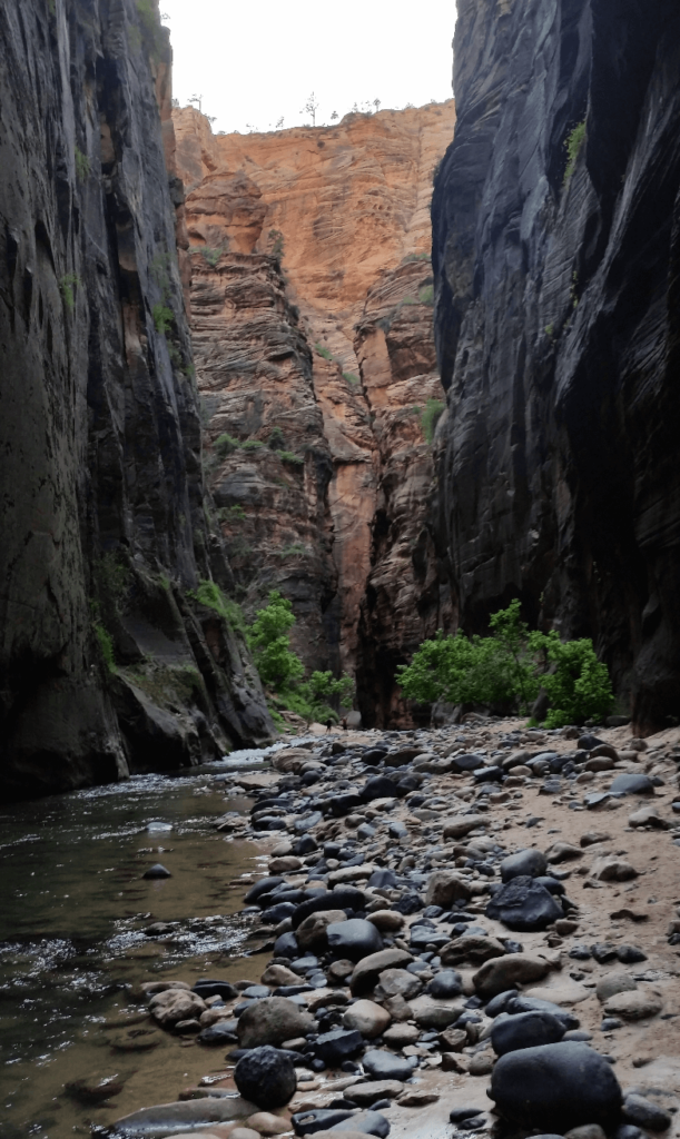 giant sandstone canyon with the top of the canyon far, far overhead
