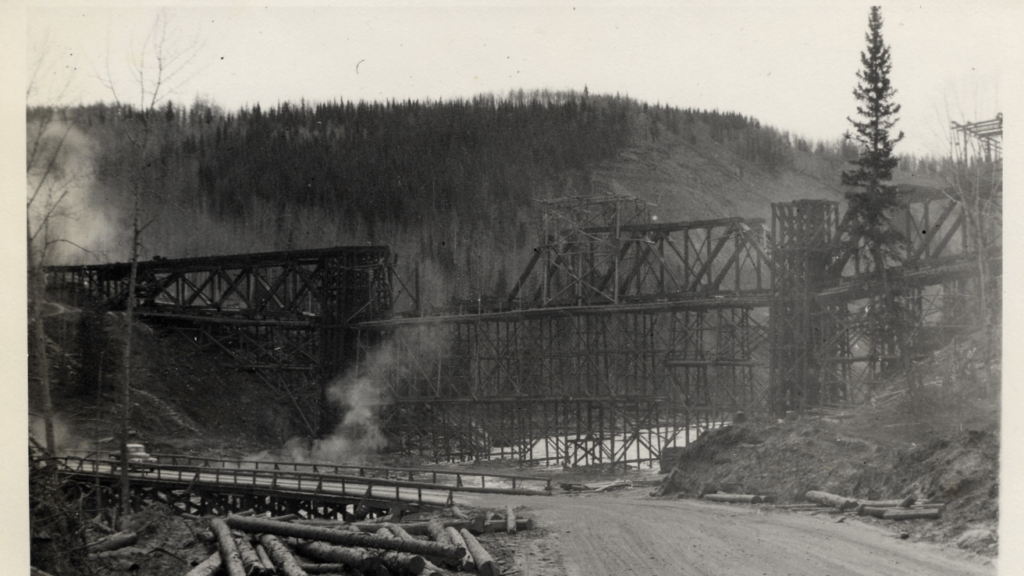 picture of wooden trestle being built in 1942